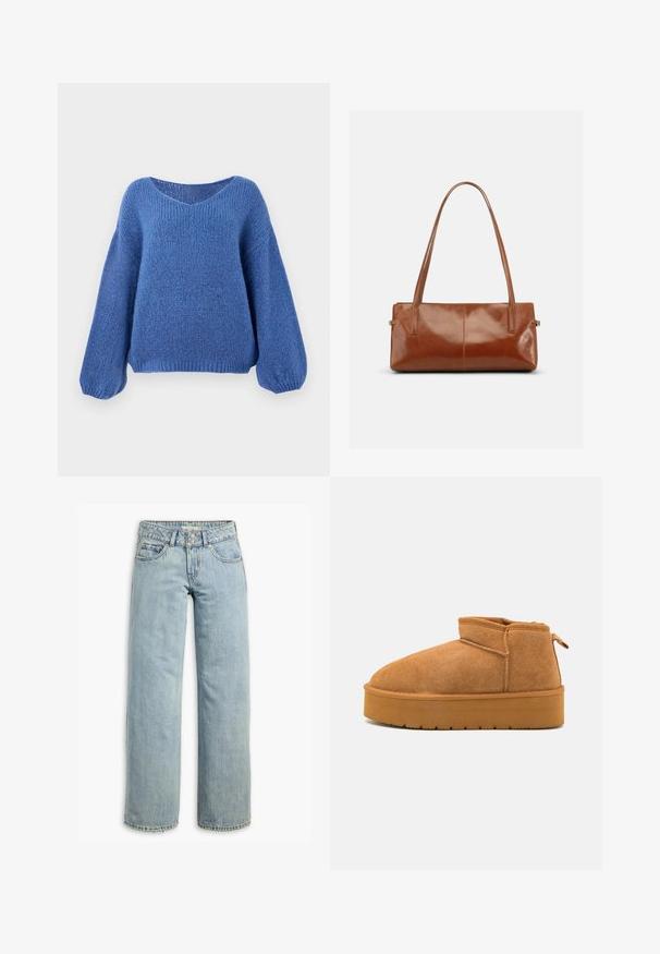 Blå strikket sweater med v-hals, lange ballonærmer og et struktureret mønster. Blødt stof med en afslappet pasform, der har ribbede manchetter.; Lys blå denim jeans med bred benudskæring, der har høj talje, klassisk fem-lommestil og subtil udvaskning for tekstur.; Brune suede ankelstøvler med en rund tå, lav skæring, og en tekstureret gummisål med en lille platform og et hængsel.; Rektangulær brun læderhåndtaske med to lange skulderremme, glat blank finish og minimalistisk design på en ensfarvet baggrund.