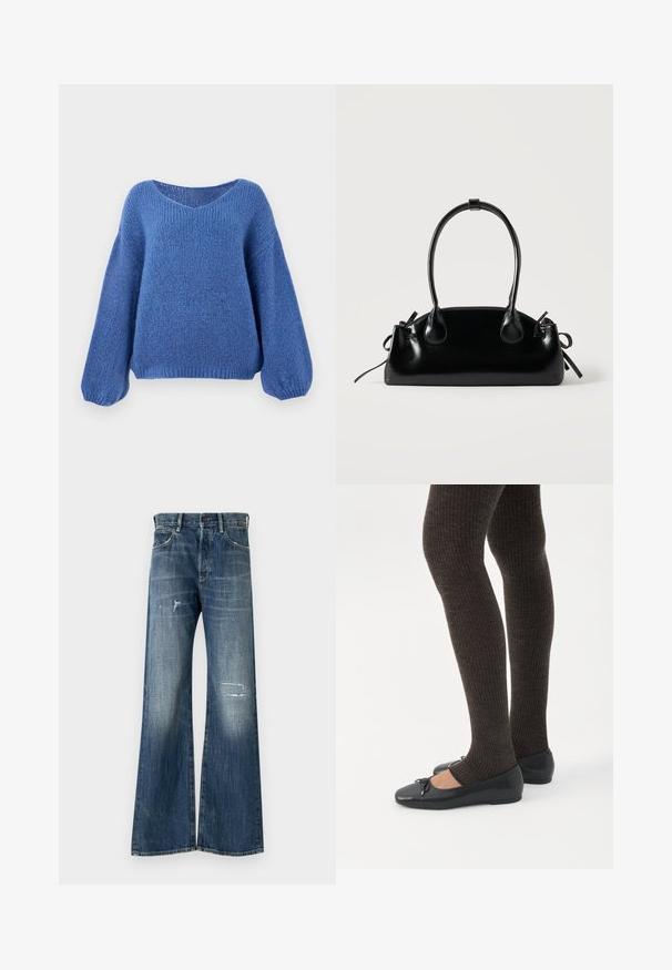 Blå strikket sweater med v-hals, lange ballonærmer og et struktureret mønster. Blødt stof med en afslappet pasform, der har ribbede manchetter.; Bredde ben denim jeans i mørkeblå, med et distressed design med revnede lapper og subtilt falmende. Klassisk fem-lomme stil.; Ben iført mørke ribbede leggings kombineret med sorte balletsko med små sløjfedetaljer på hvid baggrund.; Lille sort blank håndtaske med to lange håndtag og snøre-detaljer i siden på en ensfarvet lys baggrund.