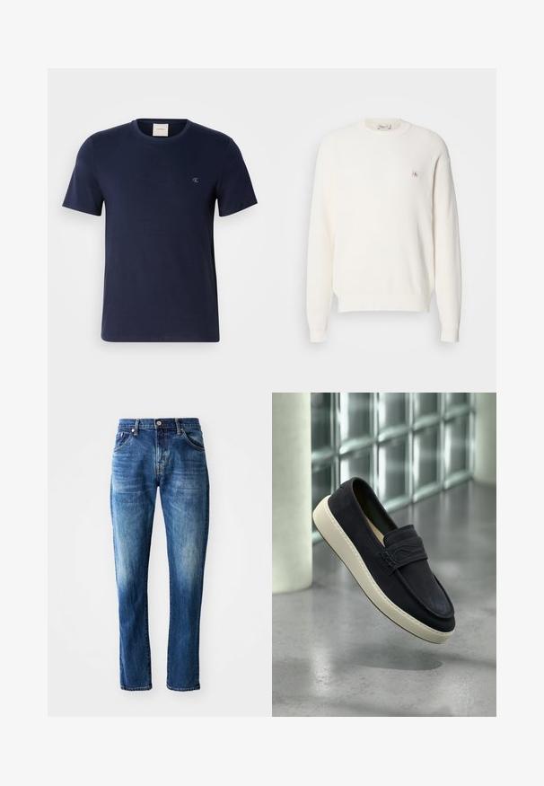 Weißer gestrickter Pullover mit langen Ärmeln und Rundhalsausschnitt, mit gerippten Bündchen und Saum, der auf der linken Brust ein kleines Calvin Klein Logo-Patch trägt.; Marineblaue Baumwoll-T-Shirt mit Rundhalsausschnitt, kurzen Ärmeln und einem kleinen gestickten Logo auf der linken Brust. Glatte Textur und klassischer Schnitt.; Dunkelblaue Denim-Jeans mit geradem Bein, fünf Taschen, ausgefranster Optik und einem vorderen Knopfverschluss mit Reißverschluss.; Schwarzer Wildleder-Slipper mit weißer Sohle schwebt über einem hellgrauen, polierten Boden, mit einer Glassteinwand und einer weißen Säule im Hintergrund.