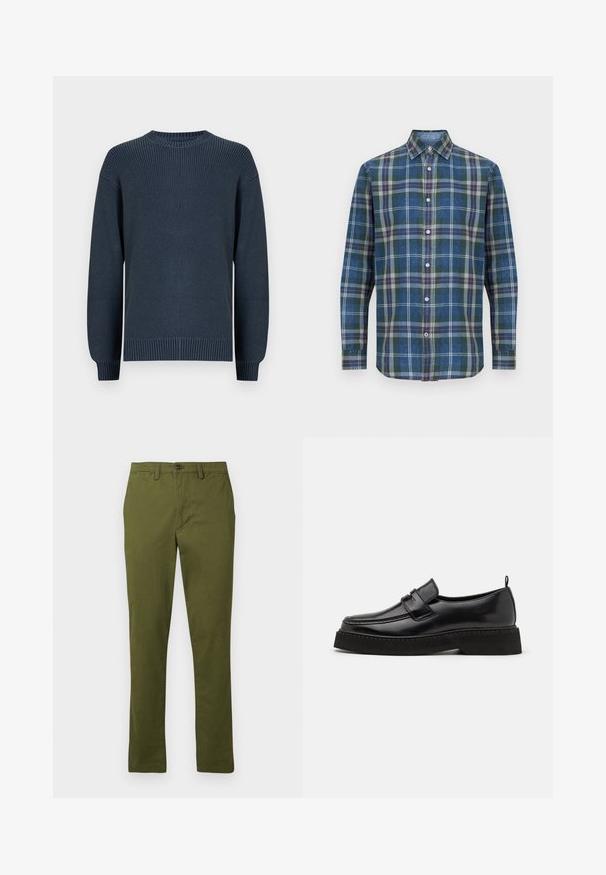 Pull en maille bleu marine à col rond avec manches longues et poignets et ourlet côtelés sur un fond uni.; Chemise pour homme à manches longues, boutonnée, avec motif à carreaux verts, bleus, gris et orange, et col pointu.; Pantalons en coton vert olive, design à jambe droite, fermeture par bouton, avec passants de ceinture et poches latérales, texture lisse, sans motifs.; Chaussures en cuir noir de style mocassin avec une semelle plate et texturée, présentant un bout piqué et une sangle traversant le cou-de-pied.