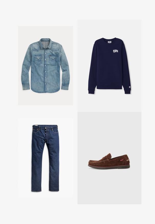 Donkerblauwe crewneck sweatshirt van katoen met een klein wit logo op de borst en een logo-op-patch op de manchette. Klassieke pasvorm, ribbelboord.; Lichtblauwe denimshirt met een puntkraag, lange mouwen, twee borstzakken en drukknoopsluitingen. Klassiek westernstijl ontwerp.; Donkerblauwe denim jeans met een recht pijpdesign, contrasterende stiksels, een knopenrits en vijf-pocketstijl.; Bruine-suède loafers met een afgeronde neus, gestikte details langs de rand en een rubberen zool. Voorzien van een klein merkembleem aan de zijkant.