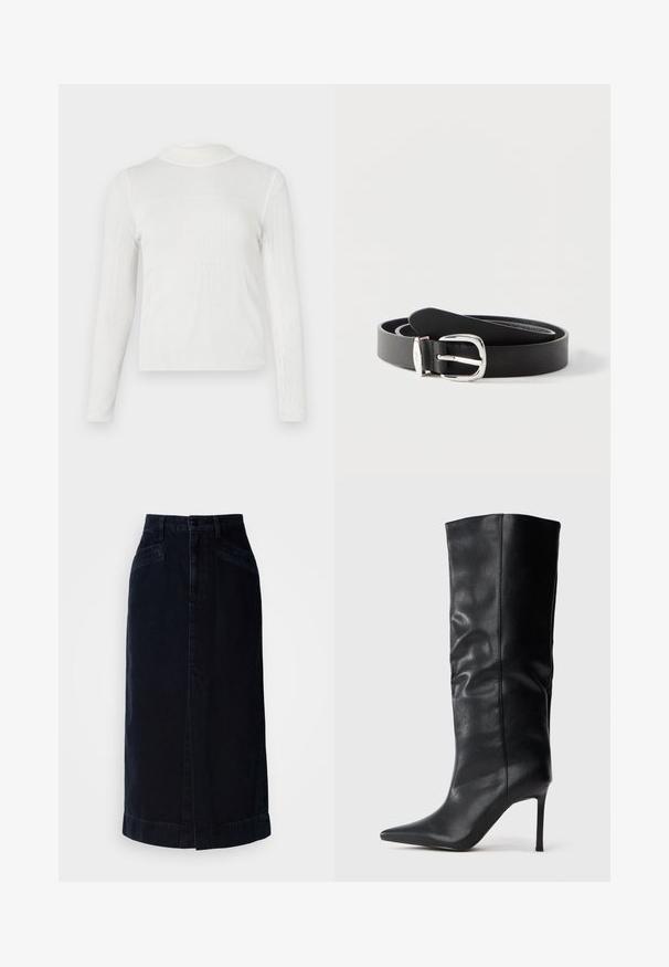Hvid langærmet bluse med høj mock neck. Ribbet tekstur med en tætsiddende pasform. Søm detaljer skaber et struktureret udseende.; Mørk denim midi nederdel med høj talje, frontknaplukning og sidelommer; har en lige skæring og en subtil kantdetalje.; Sort knæhøj læderstøvle med spids tå og tynd høj hæl mod en ensfarvet hvid baggrund.; Sort læderbælte rullet sammen med en sølvfarvet rektangulær metalspænde, vist på en ensfarvet lys overflade.