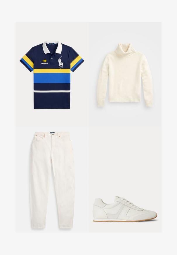 Pull en col roulé de couleur crème, texture tricotée, col et poignets côtelés, design ajusté, avec une longueur cropped et une finition douce.; Polo bleu marine avec col blanc, rayures horizontales jaunes et bleues, logo US Open sur la poitrine gauche, et un grand emblème blanc de joueur de polo.; Jean blanc taille haute à jambes droites, avec bouton et fermeture éclair sur le devant, design à cinq poches et étiquette de marque Polo sur la ceinture.; Baskets basses blanches avec laçage à l'avant, panneaux en daim et cuir, et une semelle en caoutchouc marron clair sur fond blanc.