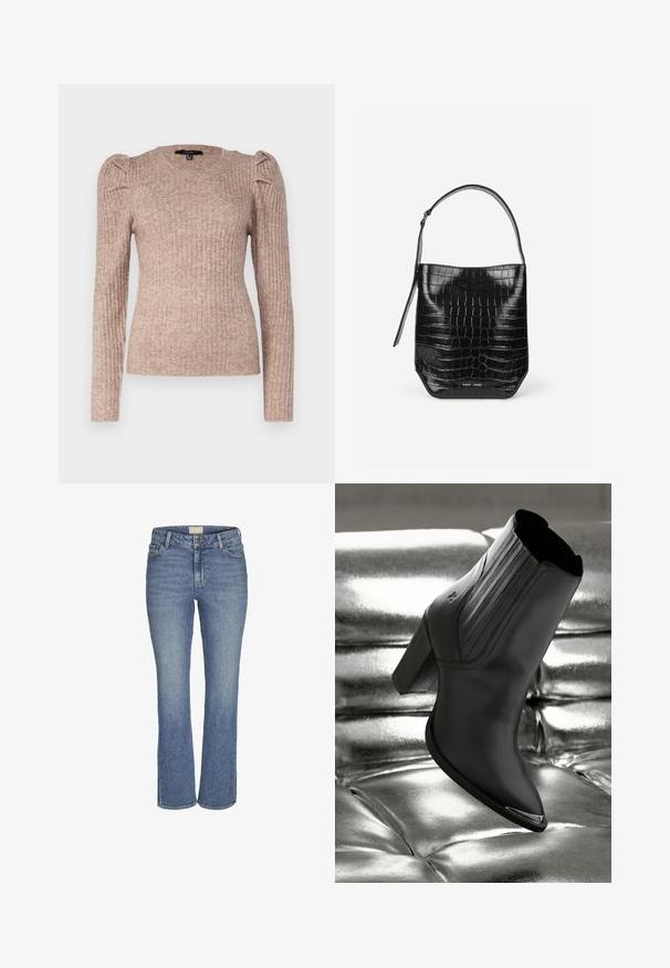 Vero Moda VMKIM UNECK - Džemper - beige; Keskmiselt sinised sirged teksapüksid, millel on ees nupuga ja lukuga sulgemine, vöörihmade augud ning ees ja taga taskud.; Mustmustelged kaalukate kontsadega must nahast sokikud, millel on vertikaalsed õmblused ja läikiv hõbedane aksent varvaste juures, taustal metalliline pind.; Must nahktimbuga kotiga kaunistatud õlakott, millel on üks rihm ja esiotsa allosas väike hõbedane brändilogo.