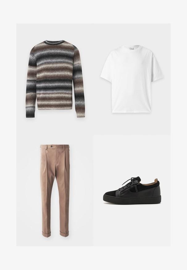 Gebreide trui met horizontale strepen in tinten bruin, grijs en zwart. Ronde hals, lange mouwen, en geribbelde boorden en zoom.; Effen witte T-shirt met korte mouwen en ronde hals, plat gelegd op een lichtgrijze achtergrond.; Khakibroek gemaakt van textuurstof, met een hoge taille, plooien en opgerolde manchetten, met een enkele knoopsluiting bij de tailleband.; Giuseppe Zanotti DOUBLE ZIP - Sneakers laag - black
