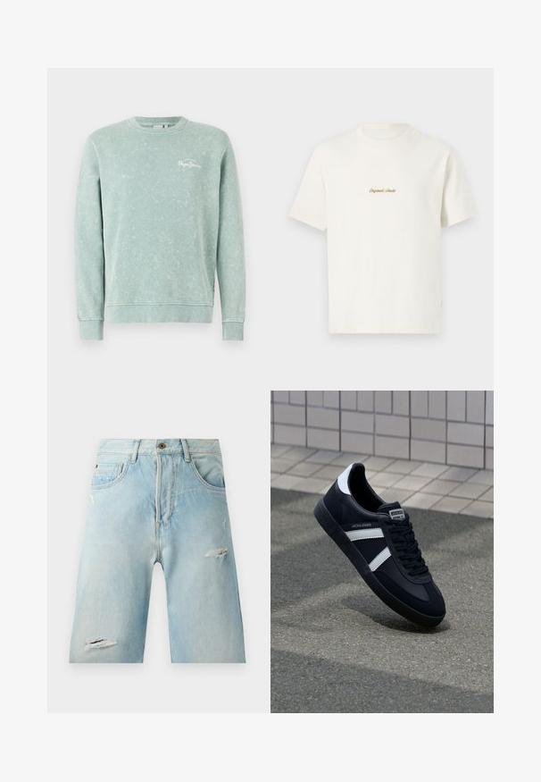 Lysegrøn sweatshirt lavet af blødt stof, med rund hals, lange ærmer, ribbede manchetter og et lille hvidt logo på brystet.; Cremefarvet bomulds T-shirt med korte ærmer, rund hals og broderet "Original Studio" logo i guld på brystet. Blød tekstur.; Lysblå denimshorts med en afslappet pasform, der har slidte detaljer, sidelommer og en enkelt knaplukning øverst.; Sort lædersneaker med hvide striber, tekstureret gummisål og snørrebånd foran. Har et brandet mærke på tungen.
