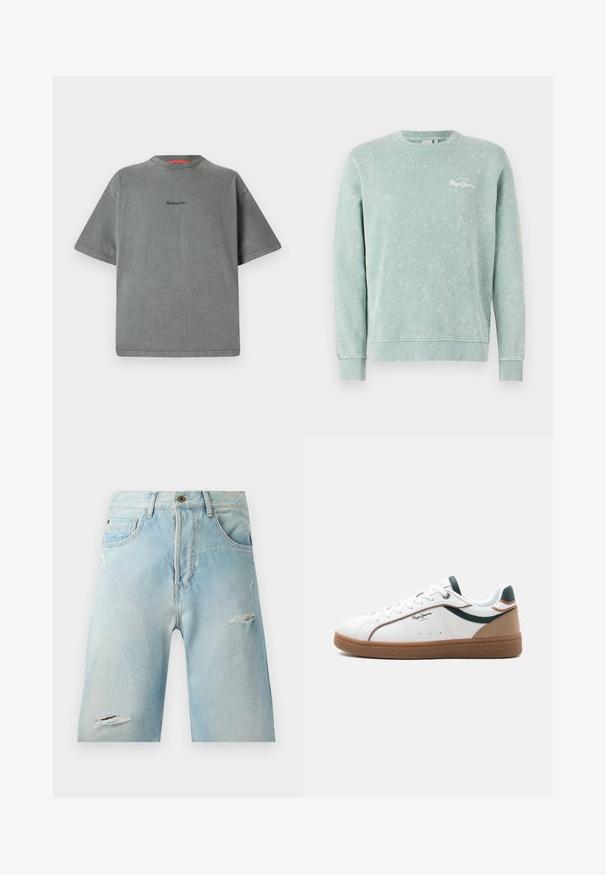 Hellgrüner Sweatshirt aus weichem Stoff, mit Rundhalsausschnitt, langen Ärmeln, gerippten Bündchen und einem kleinen weißen Logo auf der Brust.; Replay Inc. T-Shirt basic - stoned grey; Hellblaue Denim-Shorts mit einer lockeren Passform, featuring distressierte Akzente, seitliche Taschen und einen einzelnen oberen Knopfverschluss.; Weißer Sneaker mit niedriger Schafthöhe, brauner Sohle, grünen und beigen Akzenten, weißen Schnürsenkeln und dem Logo "Pepe Jeans London" an der Seite.