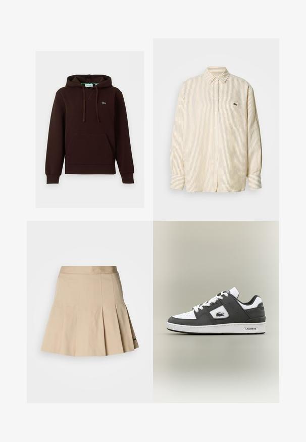 Donkerbruine hoodie met voorzak, verstelbare trekkoordkap en klein groen geborduurd Lacoste-logo op de borst.; Gestreept shirt met lange mouwen in lichtgeel en wit katoen, voorzien van een button-down kraag en een klein groen logo op het borstzakje.; Beige geplooide rok gemaakt van een katoenmengsel. Heeft een aangesloten taille en een klein geborduurd logo op de zoom. Soepele textuur.; Zwart-witte Lacoste sneaker met witte veters, geperforeerde neus, krokodillogo aan de zijkant en merksol op een neutrale achtergrond.