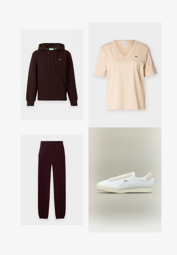 Donkerbruine hoodie met voorzak, verstelbare trekkoordkap en klein groen geborduurd Lacoste-logo op de borst.; Beige V-hals T-shirt met korte mouwen en een klein groen krokodillenlogo op de linkerborst, weergegeven tegen een effen achtergrond.; Donker bordeauxkleurige joggerbroek met elastische taille, elastische boorden en smalle taps toelopende pijpen, weergegeven op een effen lichte achtergrond.; Witte leren sneaker met een beige suède accent. Kenmerken zijn een ronde neus, platte veters en een gestructureerde zool. Lacoste-logo aan de zijkant.