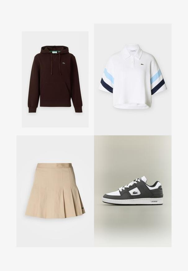Donkerbruine hoodie met voorzak, verstelbare trekkoordkap en klein groen geborduurd Lacoste-logo op de borst.; Witte cropped poloshirt met lichtblauwe en marineblauwe strepen op de mouwen en een klein groen krokodillenlogo op de borst.; Beige geplooide rok gemaakt van een katoenmengsel. Heeft een aangesloten taille en een klein geborduurd logo op de zoom. Soepele textuur.; Zwart-witte Lacoste sneaker met witte veters, geperforeerde neus, krokodillogo aan de zijkant en merksol op een neutrale achtergrond.