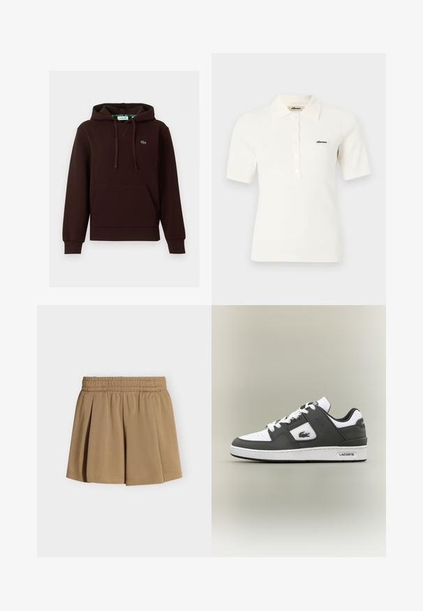 Donkerbruine hoodie met voorzak, verstelbare trekkoordkap en klein groen geborduurd Lacoste-logo op de borst.; Wit polohemd met korte mouwen en geribbelde stof, voorzien van kraag en knoopsluiting, met klein zwart "ellesse"-logo op de linkerborst.; Beige geplooide rok met elastische tailleband, gemaakt van gladde stof, getoond op een effen lichtgrijze achtergrond.; Zwart-witte Lacoste sneaker met witte veters, geperforeerde neus, krokodillogo aan de zijkant en merksol op een neutrale achtergrond.