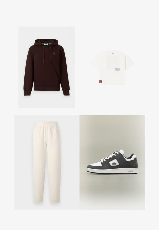 Donkerbruine hoodie met voorzak, verstelbare trekkoordkap en klein groen geborduurd Lacoste-logo op de borst.; Wit T-shirt met korte mouwen en ronde hals, klein Lacoste Roland Garros Club-logo op de borst, en een bruin label met groen krokodillenlogo vlakbij de zoom.; Crème-kleurige sweatpants gemaakt van zachte stof. Bevat een elastische tailleband en een taps toelopend ontwerp met subtiele stikdetails.; Zwart-witte Lacoste sneaker met witte veters, geperforeerde neus, krokodillogo aan de zijkant en merksol op een neutrale achtergrond.