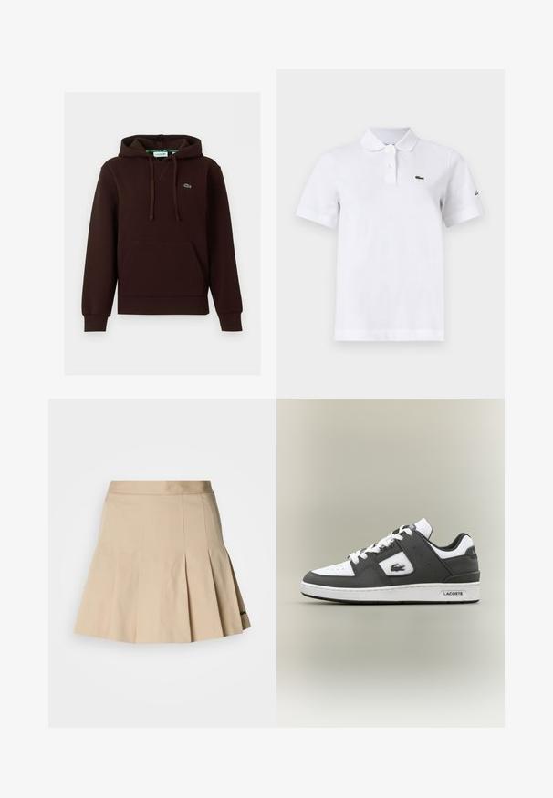 Tmavohnedá mikina s kapucňou, predným vreckom, nastaviteľným sťahovacím šnúrkou na kapucni a malým zeleným vyšívaným logom Lacoste na hrudi.; Biela polokošeľa s krátkym rukávom, dvoma gombíkmi, malým zeleným logom krokodíla na ľavej hrudi a nenápadným čiernym logom na ľavom rukáve.; Béžová plisovaná sukňa vyrobená z bavlnenej zmesi. Má priliehavý pás a malú vyšitú logo na leme. Hladká textúra.; Čierno-biele tenisky Lacoste s bielymi šnúrkami, perforovanou špičkou, logom krokodíla na boku a s logom na podrážke na neutrálnom pozadí.