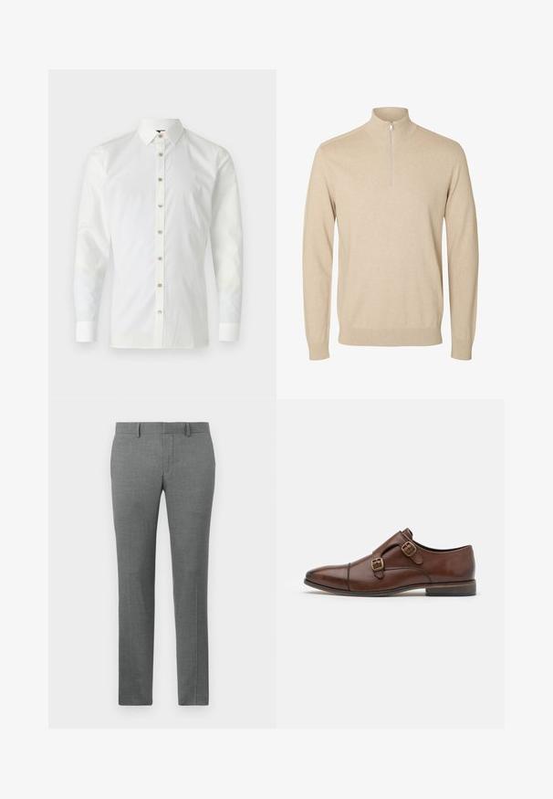 Pull beige à manches longues avec un col montant et une petite fermeture éclair au centre devant.; Chemise blanche à manches longues en tissu lisse, dotée d'un col pointu, d'une fermeture à boutons à l'avant avec des boutons marron clair, et de manches à poignets.; Pantalons gris ajustés avec une texture lisse, design à jambe droite, passants de ceinture et un motif chevron subtil sur l'ensemble.; Chaussure en cuir brun au design élégant, dotée de deux boucles en acier doré, d'un bout pointu et d'un petit talon empilé.
