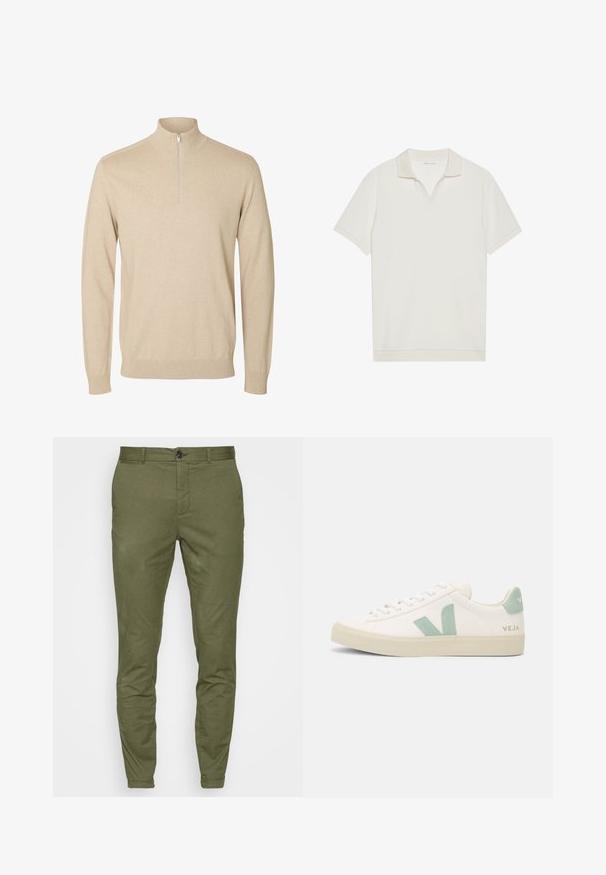 Pull beige à manches longues avec un col montant et une petite fermeture éclair au centre devant.; Polo blanc à manches courtes avec un col en V et un tissu texturé. Design simple avec un col et des accents de manches contrastants.; Chinos vert olive à coupe slim, avec une fermeture à bouton sur le devant, des passants de ceinture et une texture de tissu lisse et de poids moyen.; Baskets en toile blanches avec des accents vert menthe, semelle en caoutchouc texturée et fermeture à lacets ; logo sur le talon et sur le côté.