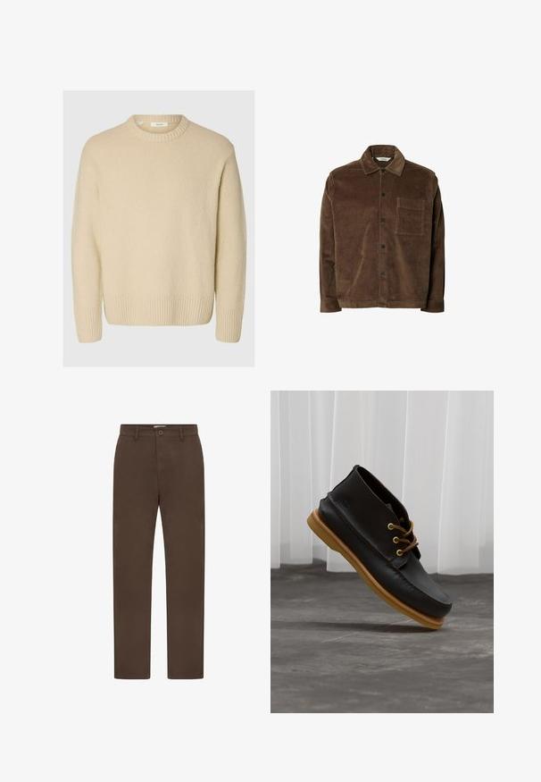 Pull crème en tissu texturé. Présente un col rond côtelé et des poignets côtelés, avec une coupe décontractée et des manches longues.; Chemise en velours côtelé marron à boutons, manches longues et poche poitrine sur le côté gauche, étalée à plat sur fond blanc.; Chinos droits pour hommes en marron foncé avec passants de ceinture, poches latérales, fermeture à bouton et braguette à fermeture éclair.; Chaussures en cuir noir avec une finition lisse, bout rond, lacets marron et semelles en caoutchouc marron clair. Logo embossé sur le côté.