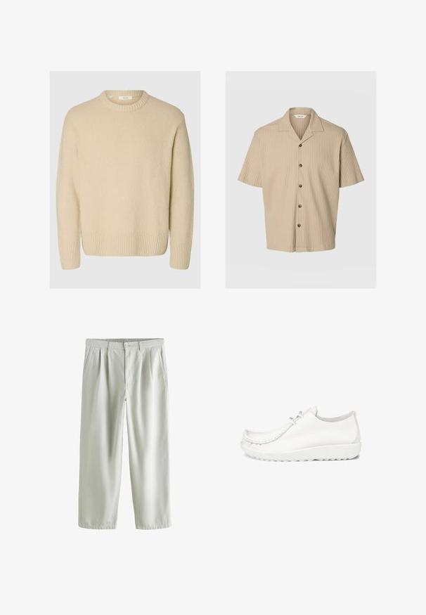 Cremefarvet sweater lavet af tekstureret stof. Har en ribbet rund halsudskæring og ribbede mansjetter, med en afslappet pasform og lange ærmer.; Beige kortærmet ribbet skjorte med fem knapper og en hakket krave, vist på en ensfarvet lysegrå baggrund.; Lysegrå bukser med lige ben, elastisk talje, knaplukning og sidelommer, lagt fladt på hvid baggrund.; Hvide lædersko med en afrundet tå, syninger og en let hvid sål. Har to hul til snørebånd.