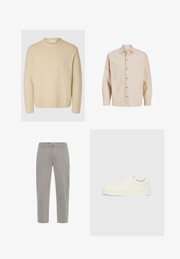 Pull crème en tissu texturé. Présente un col rond côtelé et des poignets côtelés, avec une coupe décontractée et des manches longues.; Chemise beige en coton avec une poche sur le côté gauche, un col à revers et des manches longues. Elle est ornée de boutons marron.; Pantalon décontracté gris clair avec passants de ceinture, fermeture avant à boutons et jambes droites, présenté sur un fond blanc.; Baskets basses en cuir blanc avec fermeture à lacets et semelle plate sur fond gris clair uni, vue latérale.