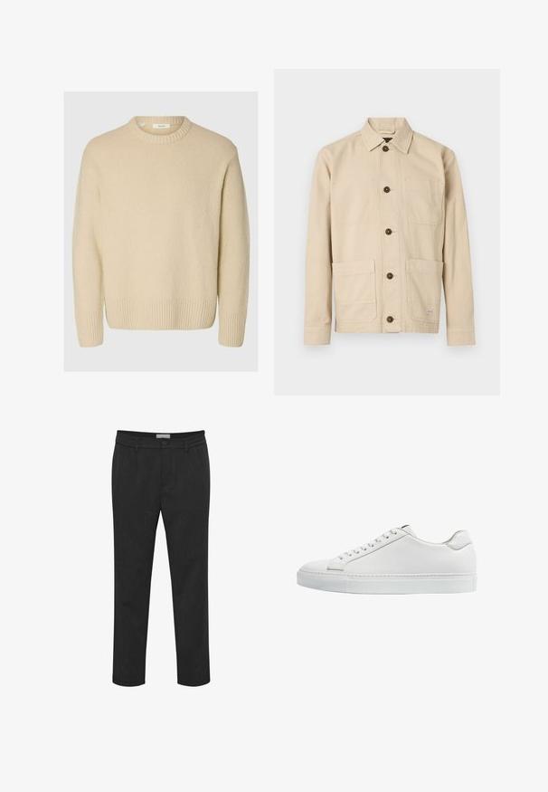 Pull crème en tissu texturé. Présente un col rond côtelé et des poignets côtelés, avec une coupe décontractée et des manches longues.; Veste de travail beige clair, tissu en coton, devant boutonné, col pointu, deux poches poitrine, deux poches basses, boutons marron, détails cousus.; Pantalon noir en tissu lisse, avec fermeture à bouton et passants de ceinture. Conception à jambe droite avec une texture subtile.; Des sneakers en cuir blanc, avec une finition lisse, un bout rond, une semelle en caoutchouc blanc plate et des lacets blancs. Design minimaliste avec des coutures discrètes.