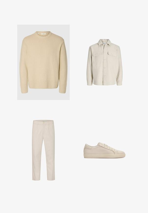Pull crème en tissu texturé. Présente un col rond côtelé et des poignets côtelés, avec une coupe décontractée et des manches longues.; Surchemise beige à manches longues avec cinq boutons devant, deux poches poitrine à rabats et boutons, et un col en pointe.; Pantalon beige en tissu texturé avec une coupe droite, doté d'une fermeture à bouton à l'avant et de poches latérales.; Baskets en cuir beige à texture lisse, bout arrondi, design à lacets, et semelle en caoutchouc plate légèrement surélevée.
