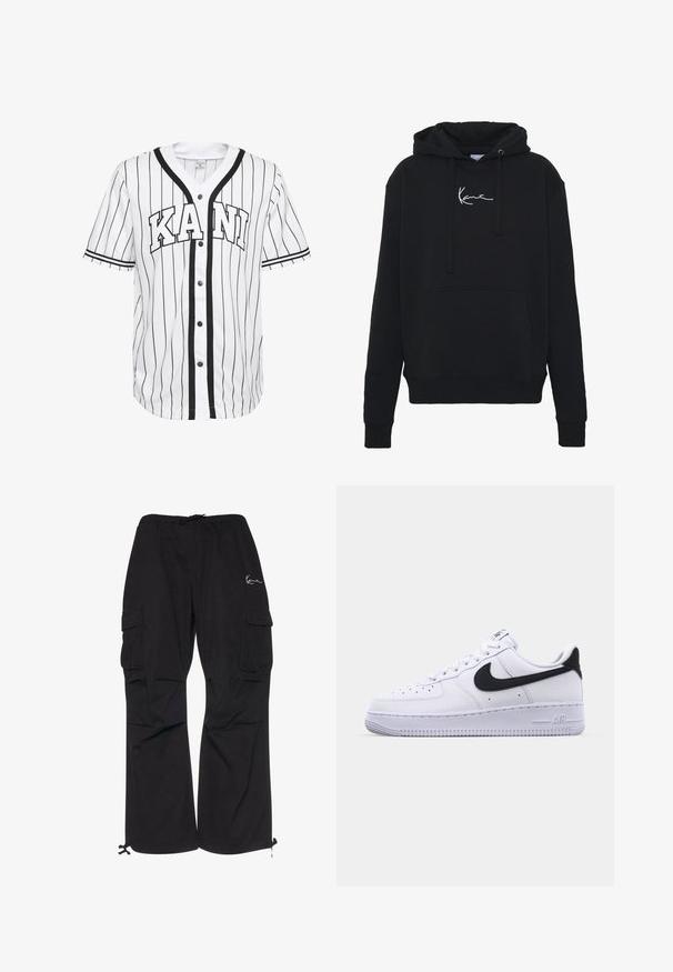 Schwarzer Hoodie aus weichem Material, mit einer Fronttasche, Kordelzügen und weißer Logo-Stickerei auf der Brust. Klassische Passform und gerippte Bündchen.; Weißes Baseball-Trikot mit kurzen Ärmeln und schwarzen Streifen, mit einer Knopfleiste vorne und dem Wort "KANI" deutlich in schwarzen Buchstaben dargestellt.; Schwarze Cargo-Hosen aus leichtem Material, mit elastischem Bund und Kordelzug, seitlichen Taschen und verstellbaren Bündchen.; Weißes Leder-Sneaker mit einem strukturierten schwarzen Swoosh, flachen Schnürsenkeln und einer Gummisohle mit genoppetem Muster. "AIR" ist auf der Ferse eingeprägt.