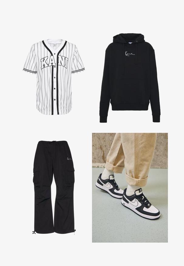 Schwarzer Hoodie aus weichem Material, mit einer Fronttasche, Kordelzügen und weißer Logo-Stickerei auf der Brust. Klassische Passform und gerippte Bündchen.; Weißes Baseball-Trikot mit kurzen Ärmeln und schwarzen Streifen, mit einer Knopfleiste vorne und dem Wort "KANI" deutlich in schwarzen Buchstaben dargestellt.; Schwarze Cargo-Hosen aus leichtem Material, mit elastischem Bund und Kordelzug, seitlichen Taschen und verstellbaren Bündchen.; Schwarz-weiße Nike Air Force 1 Sneaker mit einem Obermaterial aus Leder, perforierter Zehenpartie und strukturiertem Sohlendesign, getragen mit aufgerollten beigen Hosen und weißen Socken.