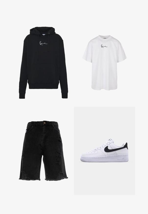 Schwarzer Hoodie aus weichem Material, mit einer Fronttasche, Kordelzügen und weißer Logo-Stickerei auf der Brust. Klassische Passform und gerippte Bündchen.; Weißes Baumwoll-T-Shirt mit rundem Halsausschnitt und kurzen Ärmeln, mit einem schwarz gestickten Logo, das in der Mitte der Brust platziert ist.; Schwarze Jeansshorts mit fransigem Saum, ausgestattet mit ausgefransten Rissen und geradem Schnitt. Beinhaltet traditionelle Fronttaschen und einen Metallknopf.; Weißes Leder-Sneaker mit einem strukturierten schwarzen Swoosh, flachen Schnürsenkeln und einer Gummisohle mit genoppetem Muster. "AIR" ist auf der Ferse eingeprägt.