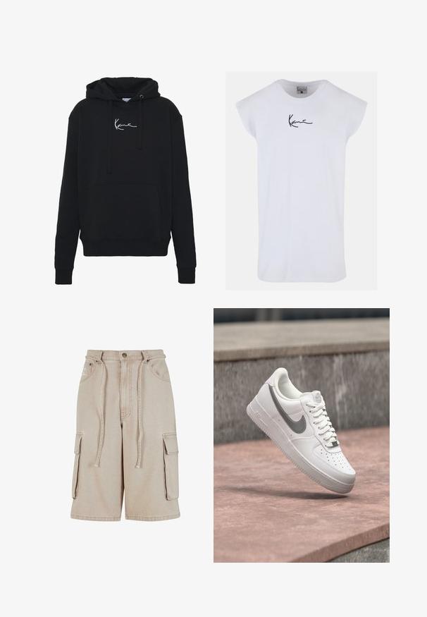Sudadera negra de tela suave, con un bolsillo frontal, cordones y bordado de logo blanco en el pecho. Corte clásico y puños acanalados.; Karl Kani SMALL SIGNATURE TEE - Top - white; Pantalones cortos cargo beige de algodón con cintura con cordón, dos bolsillos laterales y un bolsillo lateral adicional, que presentan detalles de costura visibles.; Zapatilla blanca Nike Air Force 1 con logo swoosh gris flotando sobre una superficie de piedra y un fondo de pared de piedra gris.