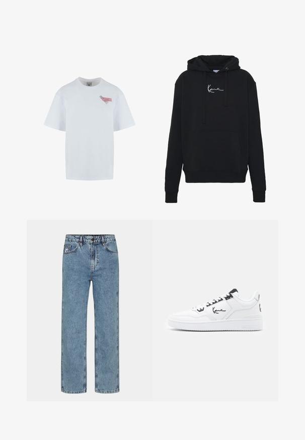 Zwarte hoodie van zachte stof, met een voorzak, koorden en witte logo borduring op de borst. Klassieke pasvorm en geribde manchetten.; Witte katoenen t-shirt met een ronde hals, korte mouwen en een kleurrijke graphics patch op de linkerborst met tekst en patronen.; Lichtblauwe rechte jeans van denimstof, met een knoopsluiting, vijf zakken en contrasterend stiksel.; Witte leren sneaker met zwarte accenten, voorzien van een handtekeninglogo aan de zijkant, ronde neus en een textuur rubberen zool.