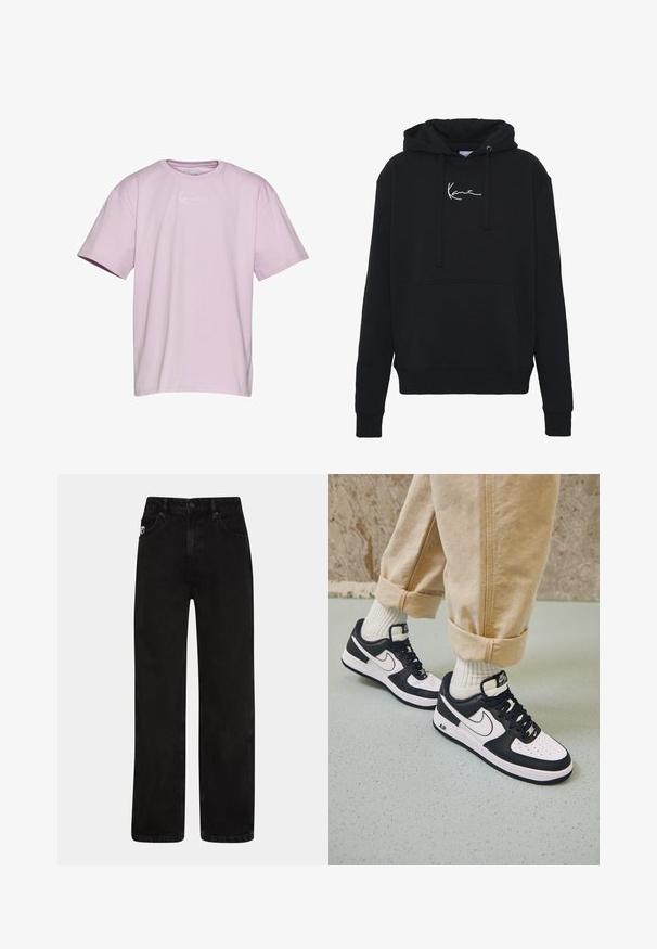 Schwarzer Hoodie aus weichem Material, mit einer Fronttasche, Kordelzügen und weißer Logo-Stickerei auf der Brust. Klassische Passform und gerippte Bündchen.; Lila T-Shirt mit kurzen Ärmeln aus Baumwolle, mit einem weißen Logo auf der Brust, in lockerer Passform und Rundhalsausschnitt.; Schwarze Denim-Jeans mit geradem Schnitt, ausgestattet mit frontalen Taschen, einem Knopfverschluss und einem dezenten Logo-Patch am Bund.; Schwarz-weiße Nike Air Force 1 Sneaker mit einem Obermaterial aus Leder, perforierter Zehenpartie und strukturiertem Sohlendesign, getragen mit aufgerollten beigen Hosen und weißen Socken.