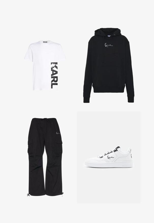 Hoodie noir en tissu doux, avec une poche avant, des cordons de serrage et un logo brodé blanc sur la poitrine. Coupe classique et poignets côtelés.; T-shirt en coton blanc avec un grand logo noir imprimé "KARL" sur le côté gauche, manches courtes et encolure classique.; Pantalons cargo noirs en tissu léger, dotés d'une taille élastique avec cordon de serrage, de poches latérales et de poignets ajustables.; Baskets en cuir blanc avec accents noirs, arborant un logo signature sur le côté, un bout rond et une semelle en caoutchouc texturé.