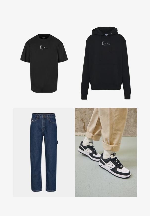 Hoodie noir en tissu doux, avec une poche avant, des cordons de serrage et un logo brodé blanc sur la poitrine. Coupe classique et poignets côtelés.; T-shirt en coton noir à manches courtes, col rond, avec un logo signature blanc imprimé à l'avant. Texture lisse et coupe décontractée.; Jeans en denim bleu foncé avec une coupe droite, cinq poches et une étiquette de marque visible sur le côté avant gauche.; Baskets Nike Air Force 1 en noir et blanc avec un dessus en cuir, orteil perforé et détail de semelle texturée, portées avec un pantalon beige retroussé et des chaussettes blanches.