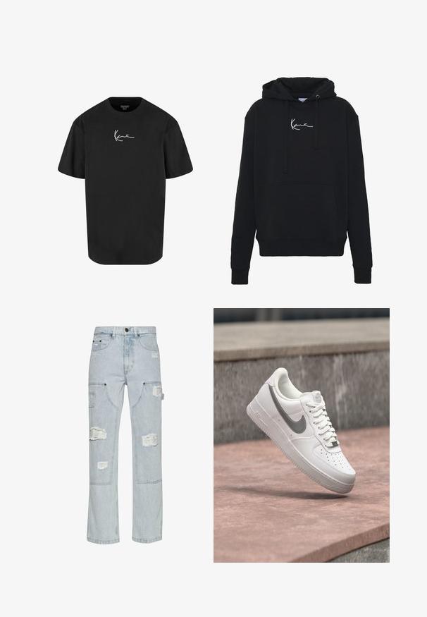 Schwarzer Hoodie aus weichem Material, mit einer Fronttasche, Kordelzügen und weißer Logo-Stickerei auf der Brust. Klassische Passform und gerippte Bündchen.; Schwarzes Baumwoll-T-Shirt mit kurzen Ärmeln, Rundhalsausschnitt und einem weißen Signaturlogo, das auf der Vorderseite gedruckt ist. Glatte Textur und lässige Passform.; Helle blaue Denim-Cargo-Hosen mit beschädigten Stellen, weitem Bein-Design, zwei seitlichen Taschen und Nietenakzenten.; Weißer Nike Air Force 1 Sneaker mit grauem Swoosh-Logo, der über einer Steinoberfläche und einem grauen Steinwandhintergrund schwebt.