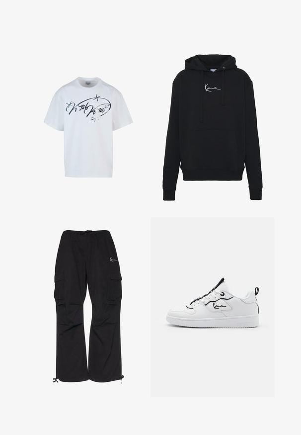 Zwarte hoodie van zachte stof, met een voorzak, koorden en witte logo borduring op de borst. Klassieke pasvorm en geribde manchetten.; Witte katoenen t-shirt met een zilveren scriptprint en sterren. Losse pasvorm met korte mouwen en een ronde hals.; Zwarte cargobroek van lichtgewicht stof, met een elastische tailleband met koord, zijzakken en verstelbare manchetten.; Witte sneaker met een glad leren bovenwerk, zwarte accenten, handtekeninglogo aan de zijkant, ronde neus en contrasterende veters.