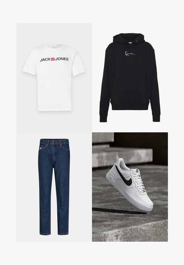 Sort hættejakke lavet af blødt stof, med en forlomma, snore og hvidt logo broderi på brystet. Klassisk pasform og ribbede manchetter.; Hvid bomulds-T-shirt med stort sort "JACK & JONES" logo med en rød boksdetalje. Korte ærmer og klassisk rund hals.; Mørkeblå denim jeans med lige ben, som har fem lommer, bæltestropper og en enkelt knaplukning. Glat tekstur og klassisk syning.; Hvid Nike Air Force 1-sneaker med sort swoosh, snørebånd bundet, placeret i luften over tekstureret betonoverflade udendørs.