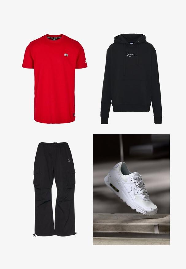 Zwarte hoodie van zachte stof, met een voorzak, koorden en witte logo borduring op de borst. Klassieke pasvorm en geribde manchetten.; Rode katoenen t-shirt met een ronde hals, korte mouwen en een klein zwart logo op de linkerborst en mouw. Glad, effen kleurstof.; Zwarte cargobroek van lichtgewicht stof, met een elastische tailleband met koord, zijzakken en verstelbare manchetten.; Witte Nike Air Max 90 sneaker met een bovenwerk van mesh en leer, een geperforeerde teenbox en een zichtbare luchtunit in de hiel.