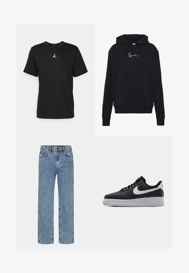 Sort hættejakke lavet af blødt stof, med en forlomma, snore og hvidt logo broderi på brystet. Klassisk pasform og ribbede manchetter.; Sort bomulds t-shirt med korte ærmer, rund hals, med et hvidt Jumpman-logo på brystet og en glat, let tekstur.; Lyseblå lige ben jeans i denimstof med knaplukning, fem lommer og kontrastsyning.; Sort lædersneaker med tekstureret overflade, hvid Nike swoosh, grå sål, rund tå og snørebåndsdesign. Har perforeringer på tåboksen.