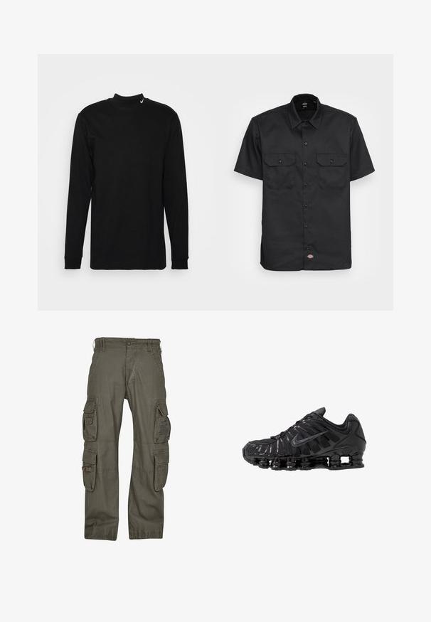 Nike Sportswear MOCK NECK - Collegepaita - black; Mustapaita lyhyillä hihoilla, valmistettu sileästä kankaasta; siinä on kaksi rintataskua läpällä ja nappikiinnityksellä, sekä klassinen kaulus.; Oliveenvihreistä puuvillasta valmistetut cargo-housut, joissa on useita sivutaskuja, rento istuvuus ja vahvistetut saumat kestävyyden lisäämiseksi.; Mustat urheilukengät, jotka on valmistettu verkkokankaasta ja synteettisistä materiaaleista. Niissä on erottuva aaltoileva kuvio, musta kumipohja ja heijastavia yksityiskohtia.