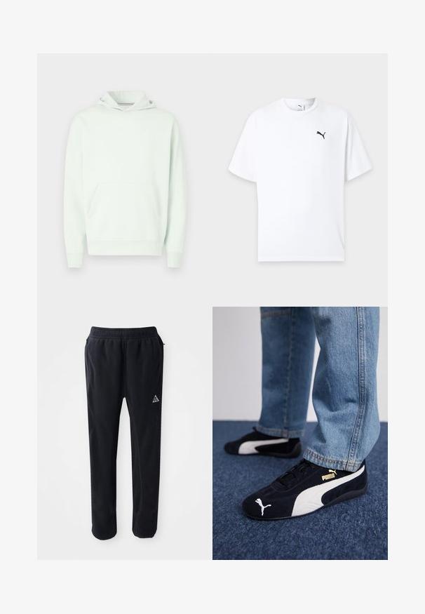 Lysegrøn hættetrøje med en forreste kængurulomme, ribstrikkede manchetter og kant. Har en lille hvid logo på brystet. Blød stoftekstur.; Hvid t-shirt med korte ærmer og rund hals med en lille sort Puma-logo på venstre bryst mod en lys baggrund.; Sorte atletiske bukser i et blødt, tekstureret materiale, med en elastisk talje, sidelommer og et trekantet logo-accent på låret.; Sorte ruskinds sneakers med hvide detaljer og et guldlogo. Båret med lyseblå denimjeans og sat på en struktureret blå overflade.