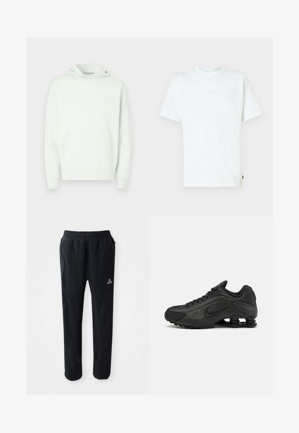 Sudadera con capucha verde claro con un bolsillo frontal tipo canguro, puños y dobladillo acanalados. Presenta un pequeño logo blanco en el pecho. Textura de tela suave.; Camiseta blanca de algodón con cuello redondo, mangas cortas y un pequeño logo de Nike en relieve en el pecho. Textura suave y ajuste relajado.; Pantalones atléticos negros de material suave y texturizado, con cinturilla elástica, bolsillos laterales y un acento de logo triangular en el muslo.; Zapatillas de running negras con un upper sintético liso, detalles perforados, paneles laterales texturizados y una suela distintiva y elástica.