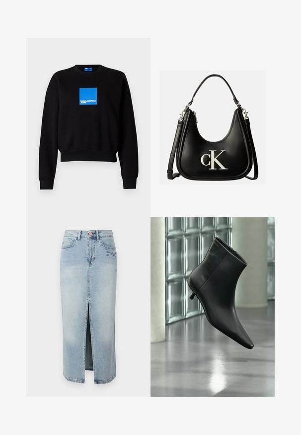 Schwarzer Sweatshirt mit einem kurvenförmigen Design, das ein blauen Quadratlappenlogo enthält, auf dem "KARL LAGERFELD JEANS" steht. Hergestellt aus einer weichen Baumwollmischung.; Fabienne Chapot CARLYNE SKIRT - Jeansrock - light blue tinted; Schwarzer Leder-Stiefelette mit spitzer Zehenpartie und niedrigem Kitten-Heel, schräg dargestellt vor einem polierten Boden und einer Glasbausteinwand.; Schwarze Lederhandtasche mit silbernem "cK" Logo vorne, mit kurzem Griff und längerem verstellbarem Schulterriemen.