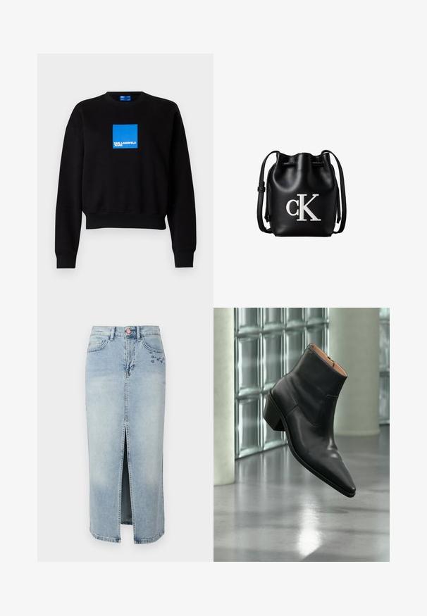 Zwarte sweatshirt met een cropped ontwerp, featuring een blauw vierkant logo met "KARL LAGERFELD JEANS." Gemaakt van een zachte katoenen mix.; Fabienne Chapot CARLYNE SKIRT - Jeansrok - light blue tinted; Zwarte leren enkellaars met een spitse neus en blokhak die zweeft boven een reflecterende grijze vloer nabij een glazen blokmuur.; Zwarte leren bucketbag met koordsluiting aan de bovenkant en wit "cK" logo aan de voorkant, met een verstelbare schouderband.