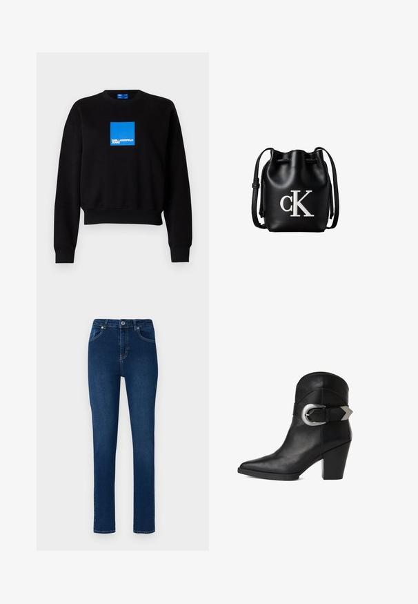 Čierna mikina s kratším strihom, s modrým štvorcovým logom, ktoré obsahuje text "KARL LAGERFELD JEANS." Vyrobená z mäkkej zmesi bavlny.; Tmavomodré denim jeans so štíhlym strihom. Medzi vlastnosti patrí pás na gombíkový zapínanie, päť vreciek a minimálne švy.; Čierne kožené členkové topánky s špicatou špičkou, masívnym podpätkom a širokým remienkom so zaoblenou striebornou sponou na boku. Hladká textúra.; Čierna kožená bucket taška so sťahovacou šnúrkou na vrchu a bielym logom "cK" na prednej strane, vybavená nastaviteľným ramenným popruhom.