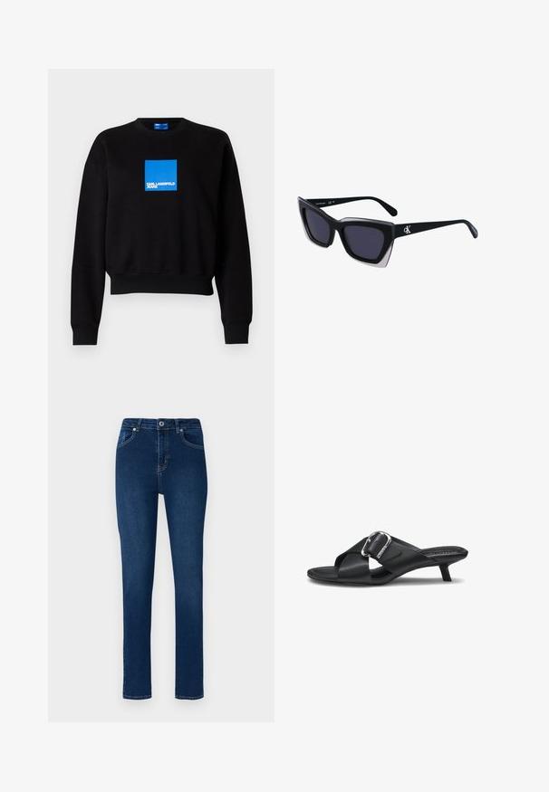 Sort sweatshirt med en cropped design, der har et blåt kvadratisk logo, som inkluderer "KARL LAGERFELD JEANS." Fremstillet af blød bomuldsblanding.; Mørkeblå denim jeans med slim fit. Funktioner inkluderer en knappet talje, fem lommer og minimale syninger.; Sort læder-skjusesandal med lav kittenhæl, brede krydsede remme og en stor sølvspænde-detalje på siden.; Store sorte oversized solbriller med geometrisk form, med mørke linser og en kontrasterende grå detalje på stellet. Logo på armen.