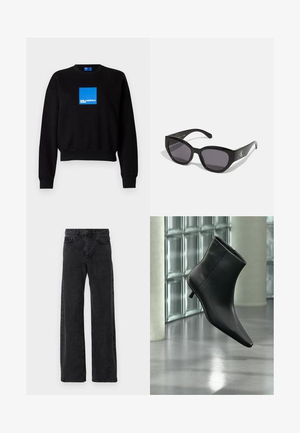 Schwarzer Sweatshirt mit einem kurvenförmigen Design, das ein blauen Quadratlappenlogo enthält, auf dem "KARL LAGERFELD JEANS" steht. Hergestellt aus einer weichen Baumwollmischung.; Schwarze Denim-Jeans mit weitem Bein, klassischen fünf Taschenstil, Knopfverschluss und subtiler Waschung.; Schwarzer Leder-Stiefelette mit spitzer Zehenpartie und niedrigem Kitten-Heel, schräg dargestellt vor einem polierten Boden und einer Glasbausteinwand.; Schwarze Sonnenbrille mit einem schlanken, kantigen Design, dunklen Gläsern und einem kontrastierenden silbernen Logo an der Seite. Glatte Kunststoffoberfläche.