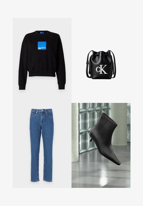 Čierna mikina s kratším strihom, s modrým štvorcovým logom, ktoré obsahuje text "KARL LAGERFELD JEANS." Vyrobená z mäkkej zmesi bavlny.; Modré džínsy s rovnými nohavicami, s vysokým pásom, prednými vreckami a viditeľným šitím pozdĺž švov.; Čierna kožená členková obuv s ostrou špičkou a nízkym podpätkom, zobrazená na pozadí steny zo sklenených blokov a leštenej podlahy.; Čierna kožená bucket taška so sťahovacou šnúrkou na vrchu a bielym logom "cK" na prednej strane, vybavená nastaviteľným ramenným popruhom.