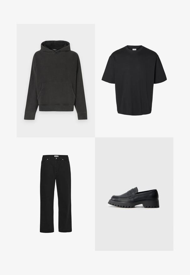 Sudadera negra de gran tamaño con bolsillo canguro y mangas largas, fabricada en algodón, tendida sobre un fondo blanco.; Camiseta negra de manga corta con cuello redondo, corte holgado y una etiqueta blanca visible en el interior del cuello.; Vaqueros de mezclilla negra con corte recto, diseño de cinco bolsillos, detalles en hardware de cobre y una cinta de cintura resistente. Textura suave, estilo sin adornos.; Mocasines de cuero negro con punta redondeada, que presentan una correa decorativa y una suela de goma gruesa con surcos profundos para mayor tracción.