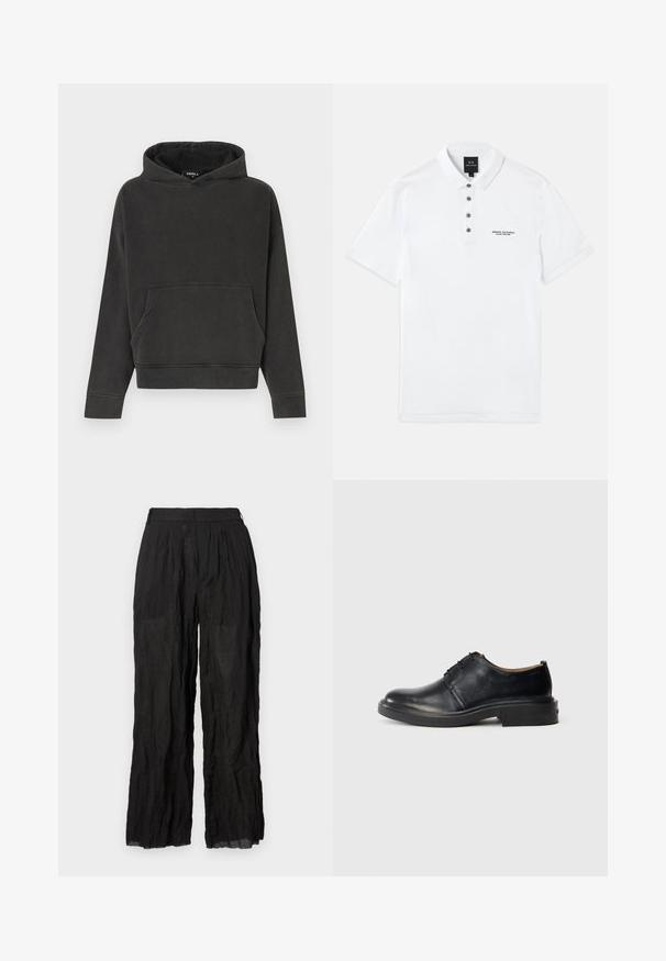 Sort oversized hættetrøje med kængurulomme og lange ærmer, bomuldsstof, lagt fladt på en hvid baggrund.; Hvid polo shirt lavet af bomuld med korte ærmer, krave, fem mørke knapper og broderet "Armani Exchange" logo på brystet.; Sorte linned brede bukser med en struktureret overflade. Har en elastisk talje og diskrete folder.; Sorte læder oxford sko med rund tå, snørebånd foran og lav, stablet hæl på lys baggrund.