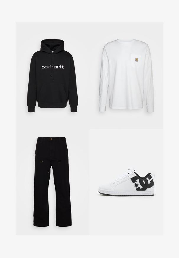 Sort hættetrøje i bomuldsblanding med en kengurulomme, justerbar snørehætte og hvid "carhartt." logo på forsiden.; Langærmet hvid skjorte lavet af bomuld, med en brystlomme og et kvadratisk logomærke. Simpelt design med rund udskæring og manchetter.; Sorte denimbukser med lige ben, udstyret med guld hardware-detaljer og synlige syninger på for- og baglommer.; Hvide atletiske sko med en glat syntetisk overdel, der har sorte logo-detaljer og en gummisål. Snørebåndsdesign, med afrundet tåform.