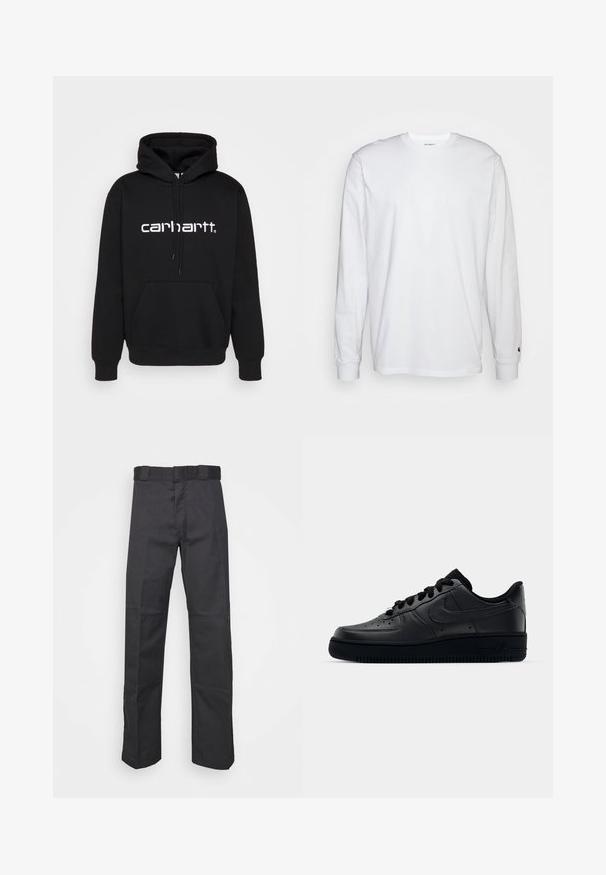Hoodie noir en tissu mélangé coton avec une poche kangourou, capuche ajustable avec cordon, et logo "Carhartt." blanc à l'avant.; T-shirt blanc à manches longues en coton. Design à col rond avec des poignets côtelés et un petit logo sur la manche gauche. Texture lisse.; Pantalons noirs en tissu durable, dotés d'une coupe droite, d'une taille avec passants de ceinture et de coutures pour une texture ajoutée.; Baskets Nike Air Force 1 noires avec un dessus en cuir lisse, bout perforé pour la respirabilité, lacets noirs et semelle en caoutchouc texturé.